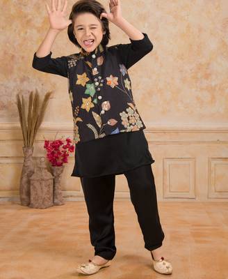 Black embelished cotton silk kurta pajama nehru jacket set 1