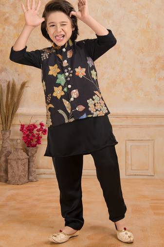 Black embelished cotton silk kurta pajama nehru jacket set