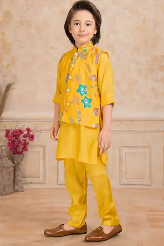 Yelow embelished cotton silk kurta pajama nehru jacket set