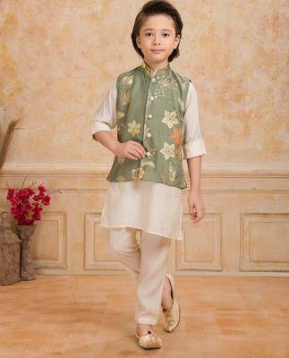 Olive green embelished cotton silk kurta pajama nehru jacket set 1