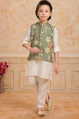 Olive green embelished cotton silk kurta pajama nehru jacket set