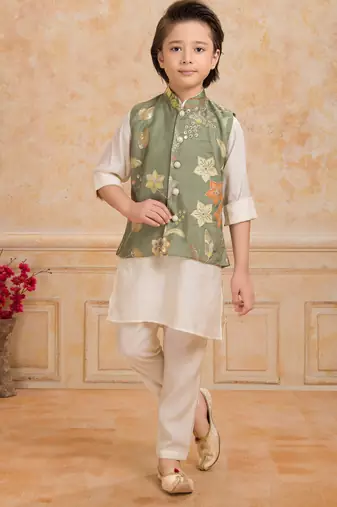 Olive green embelished cotton silk kurta pajama nehru jacket set