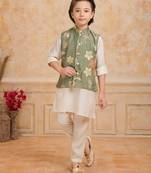 Olive green embelished cotton silk kurta pajama nehru jacket set