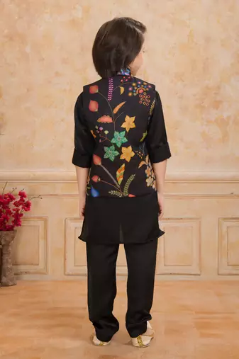 Black embelished cotton silk kurta pajama nehru jacket set