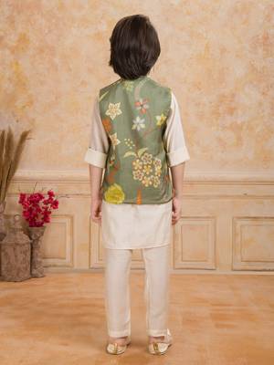 Olive green embelished cotton silk kurta pajama nehru jacket set 2