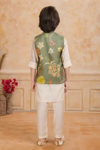 Olive green embelished cotton silk kurta pajama nehru jacket set