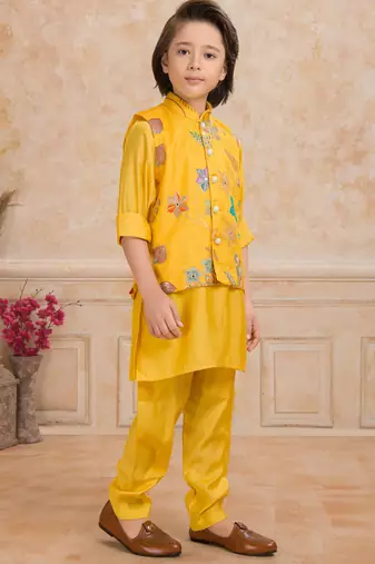 Yelow embelished cotton silk kurta pajama nehru jacket set