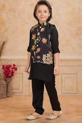 Black embelished cotton silk kurta pajama nehru jacket set
