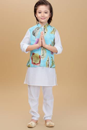 Sky blue embelished cotton silk kurta pajama nehru jacket set