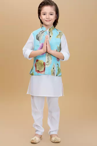 Sky blue embelished cotton silk kurta pajama nehru jacket set