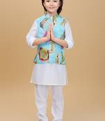 Sky blue embelished cotton silk kurta pajama nehru jacket set