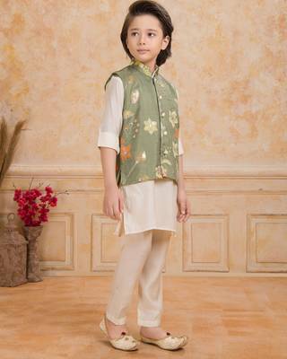 Olive green embelished cotton silk kurta pajama nehru jacket set 3