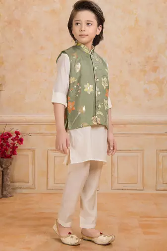 Olive green embelished cotton silk kurta pajama nehru jacket set