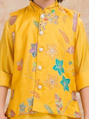 Yelow embelished cotton silk kurta pajama nehru jacket set 5