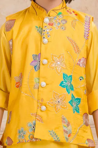 Yelow embelished cotton silk kurta pajama nehru jacket set