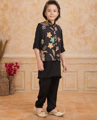 Black embelished cotton silk kurta pajama nehru jacket set 4