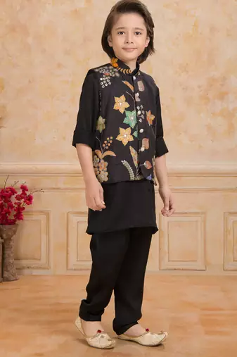 Black embelished cotton silk kurta pajama nehru jacket set