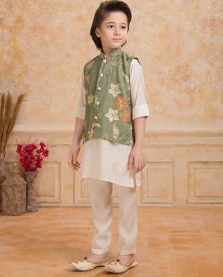 Olive green embelished cotton silk kurta pajama nehru jacket set 4