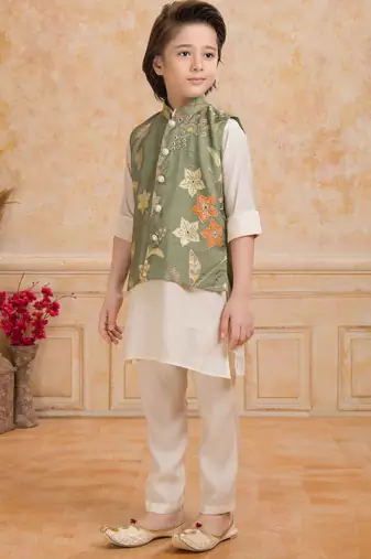 Olive green embelished cotton silk kurta pajama nehru jacket set