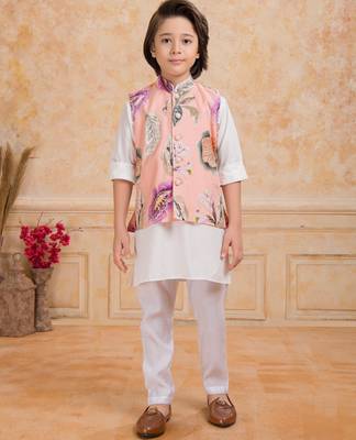 Peach cotton silk embelished kurta pajama nehru jacket set 1