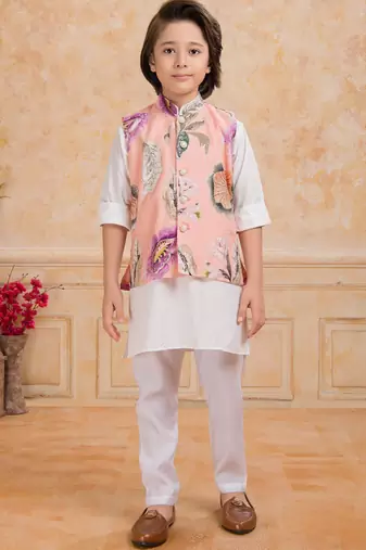 Peach cotton silk embelished kurta pajama nehru jacket set