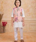 Peach cotton silk embelished kurta pajama nehru jacket set