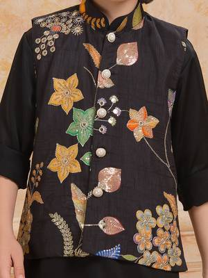 Black embelished cotton silk kurta pajama nehru jacket set 5