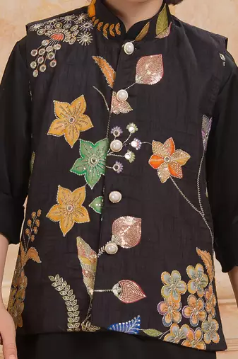 Black embelished cotton silk kurta pajama nehru jacket set
