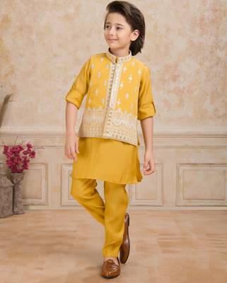 Yellow cotton silk embriodered kurta pajama nehru jacket set 1