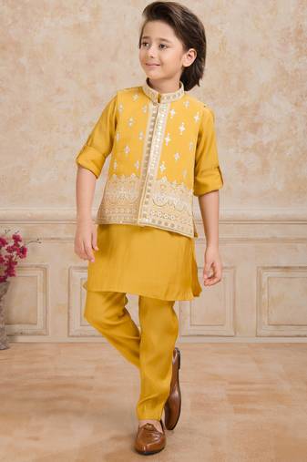 Yellow cotton silk embriodered kurta pajama nehru jacket set