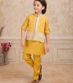 Yellow cotton silk embriodered kurta pajama nehru jacket set