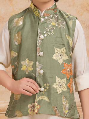 Olive green embelished cotton silk kurta pajama nehru jacket set 5