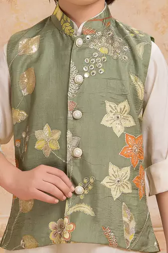 Olive green embelished cotton silk kurta pajama nehru jacket set