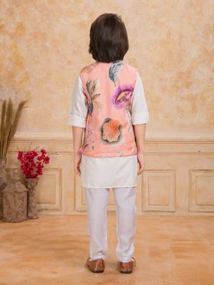 Peach cotton silk embelished kurta pajama nehru jacket set 2