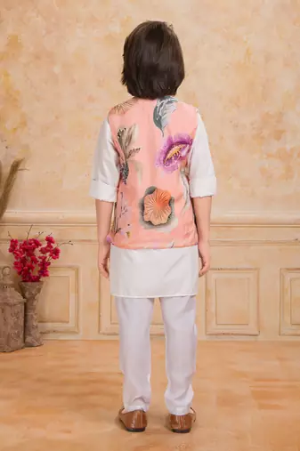 Peach cotton silk embelished kurta pajama nehru jacket set