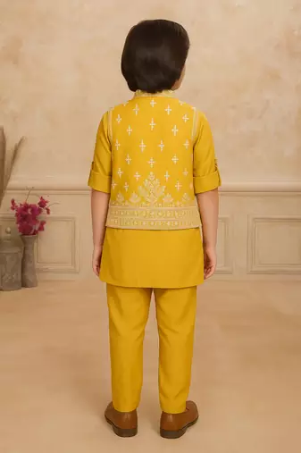 Yellow cotton silk embriodered kurta pajama nehru jacket set