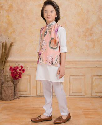 Peach cotton silk embelished kurta pajama nehru jacket set 3