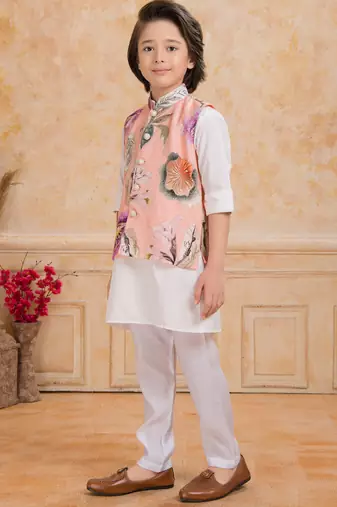 Peach cotton silk embelished kurta pajama nehru jacket set