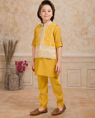 Yellow cotton silk embriodered kurta pajama nehru jacket set 3