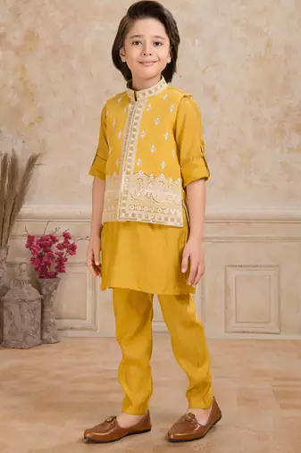 Yellow cotton silk embriodered kurta pajama nehru jacket set