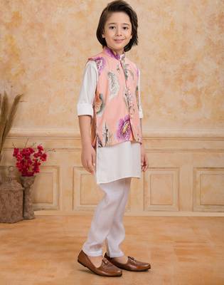 Peach cotton silk embelished kurta pajama nehru jacket set 4