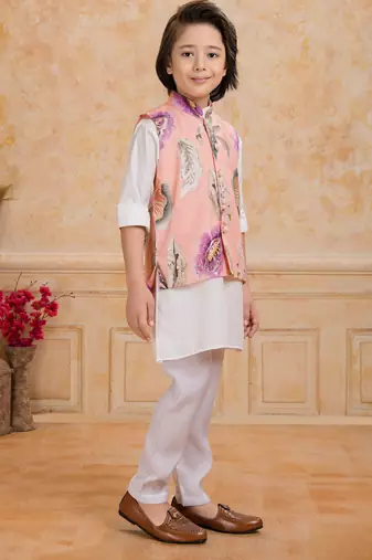 Peach cotton silk embelished kurta pajama nehru jacket set