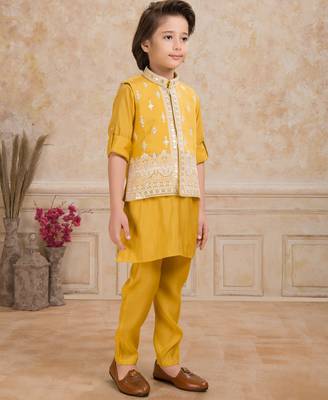 Yellow cotton silk embriodered kurta pajama nehru jacket set 4