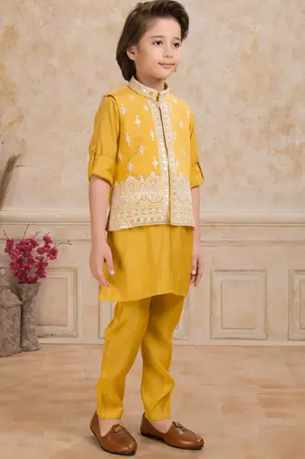 Yellow cotton silk embriodered kurta pajama nehru jacket set