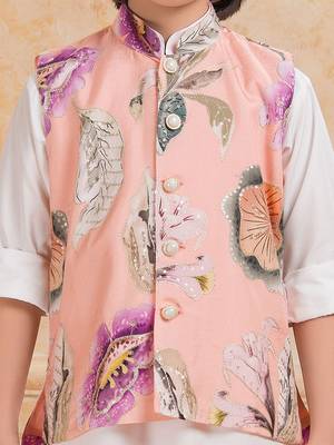 Peach cotton silk embelished kurta pajama nehru jacket set 5