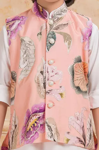 Peach cotton silk embelished kurta pajama nehru jacket set