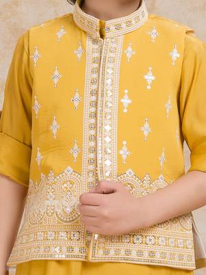 Yellow cotton silk embriodered kurta pajama nehru jacket set 5