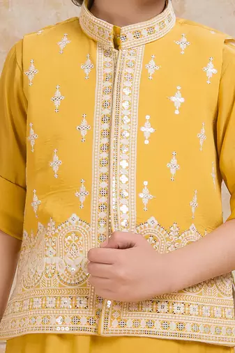 Yellow cotton silk embriodered kurta pajama nehru jacket set
