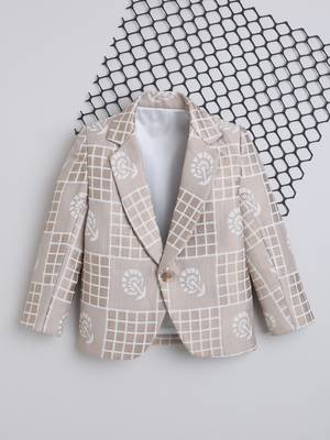 Cream jacquard woven checks blazer 1