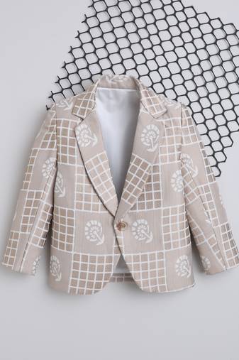 Cream jacquard woven checks blazer